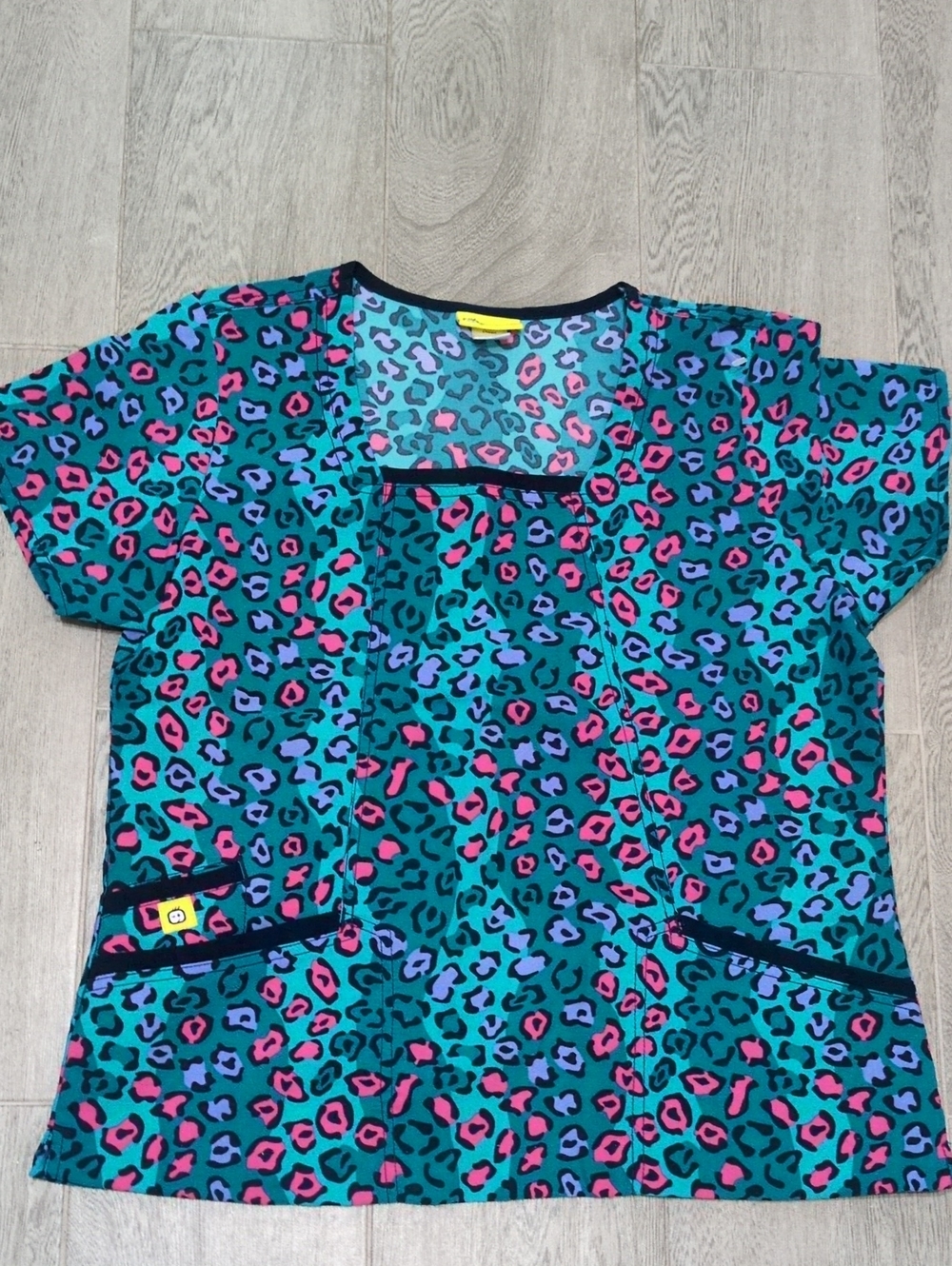 WonderWink Teal Leopard Scrub Print Tee with Pink & Purple Spots - Picture 1 of 5